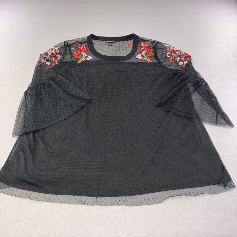 074 Torrid Mesh Blouse XL/1 BlackFloral Embroidered Bell Sleeve Top